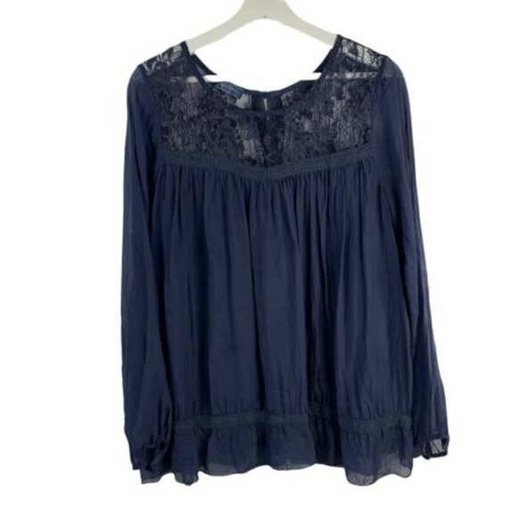 GIULIA Women's Small Navy Blue 100% Silk Made in Italy Long Sleeve Blouse Lace - Picture 1 of 9